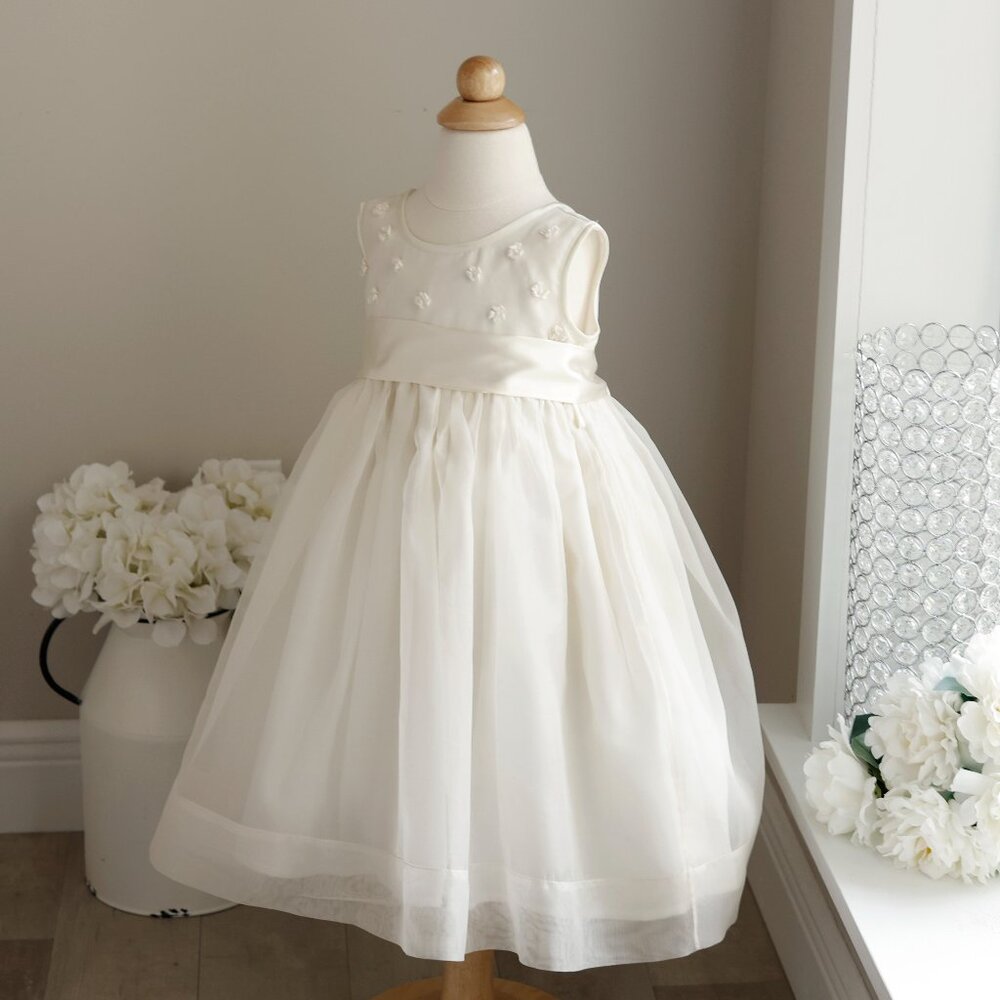 Strasburg Ivory/Ecru Silk with Satin Sash Flower Girl Dress Special Occasion